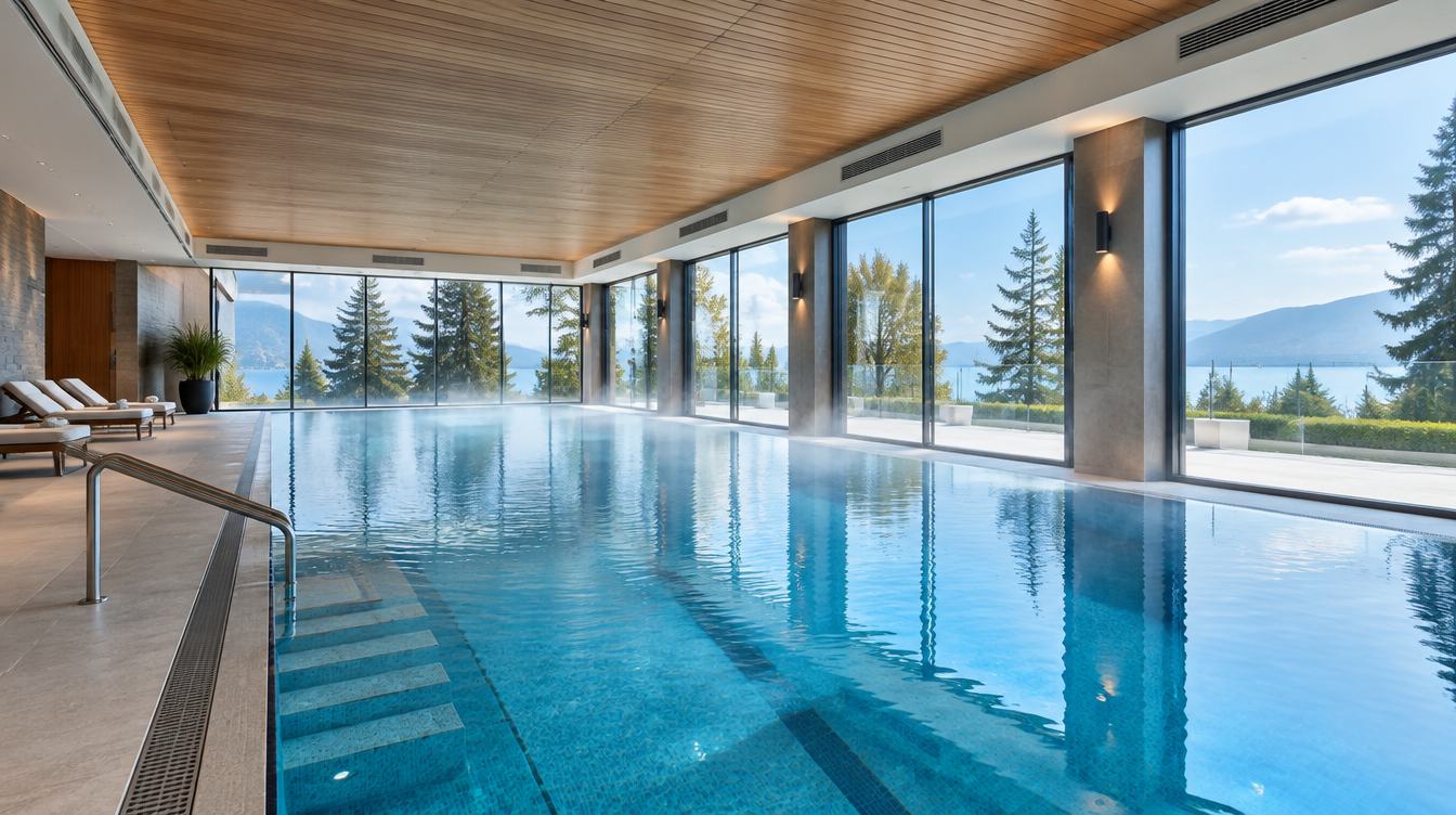 Piscina aquecida coberta climatizada com vidros limpos