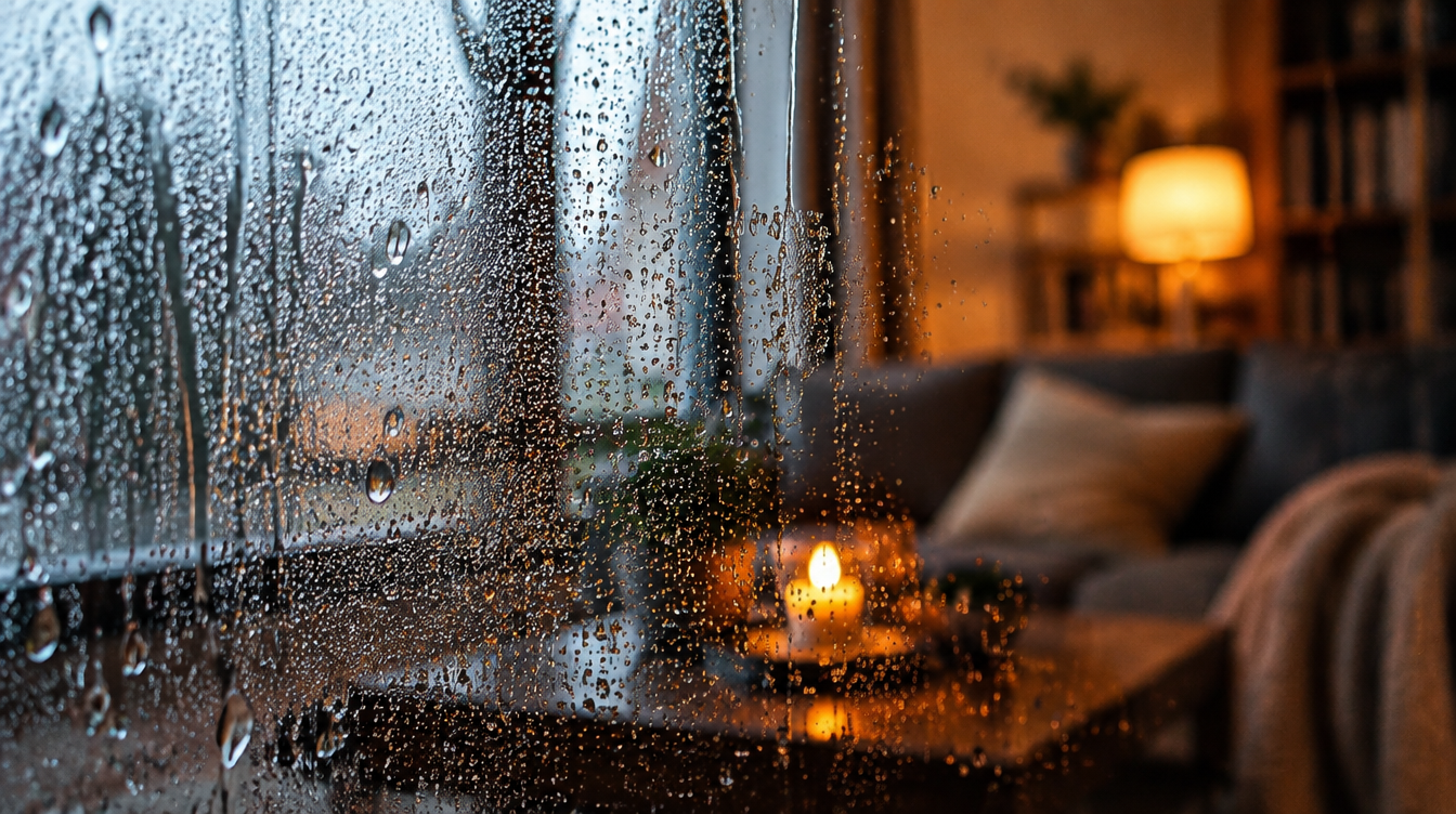 Gotas de condensação na janela causadas pela umidade do ar
